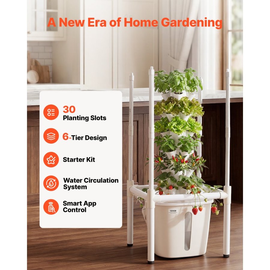 VEVOR Indoor Hydroponic Garden Tower – 6-Tier, 30 Pods