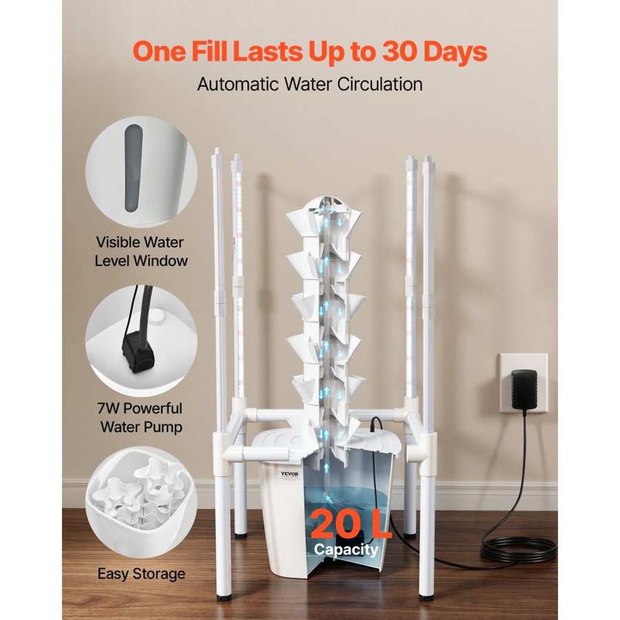 VEVOR Indoor Hydroponic Garden Tower – 6-Tier, 30 Pods
