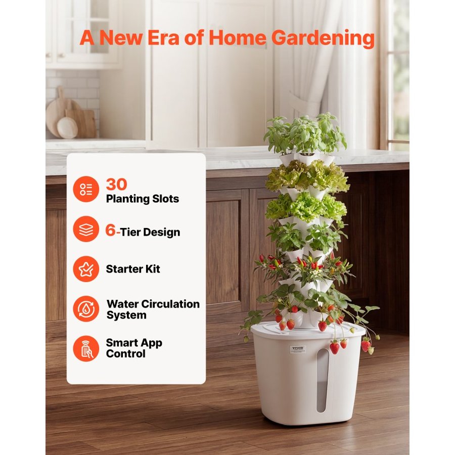 VEVOR Hydroponic Tower Planter – 30 Pods, 6 Tiers, 20L Tank