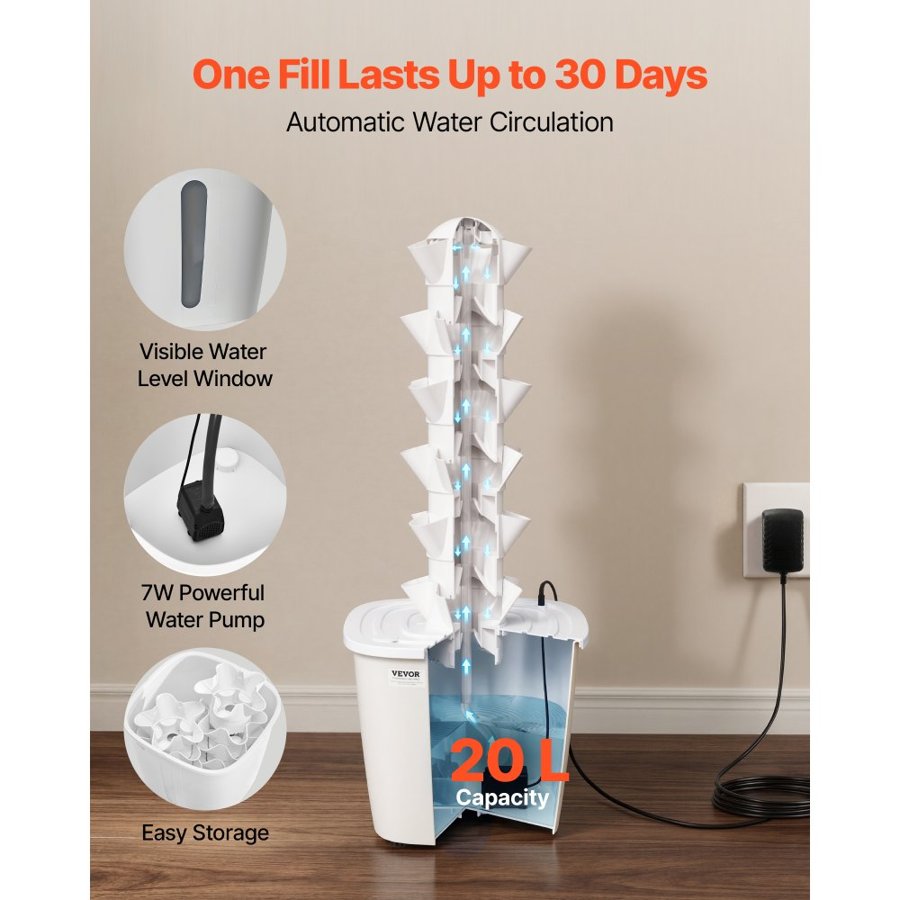 VEVOR Hydroponic Tower Planter – 30 Pods, 6 Tiers, 20L Tank