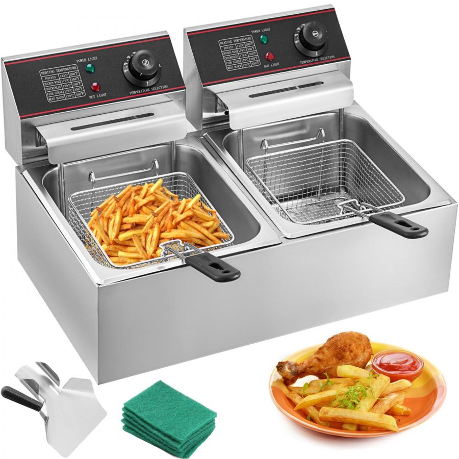 VEVOR Double Deep Fat Fryer Large 5000W Commercial Deep Fat Fryer Dual Adjustable Temperature Control Twin Chip Fryer Food Grade Stainless Steel Deep Fryer Easy Clean with Dual Basket & Lid