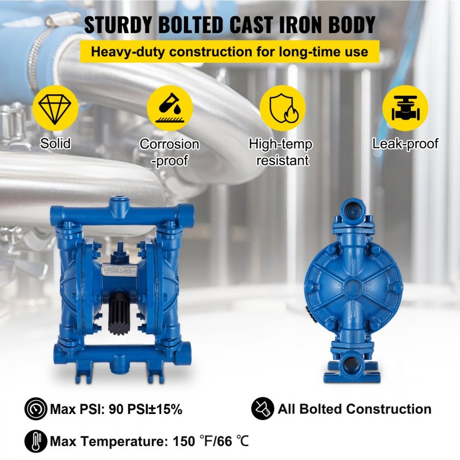 VEVOR Air-Operated Double Diaphragm Pump, 1/2 in Inlet & Outlet, Cast Iron Body, 11.4L/min(3GPM) & Max 90 PSI, Nitrile Diaphragm Pneumatic Transfer Pump for Petroleum, Diesel, Oil & Low Viscosity Fluids