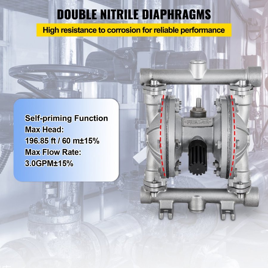 VEVOR Air-Operated Double Diaphragm Pump, Inlet & Outlet, Stainless Steel Body, 11.4L/min(3GPM), PTFE Diaphragm Pneumatic Transfer Pump for Petroleum, Diesel, Oil & Low Viscosity Fluids