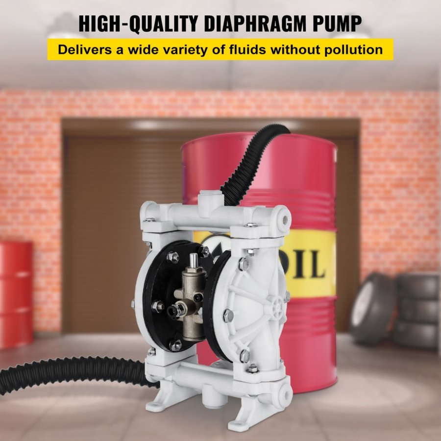 VEVOR Air-Operated Double Diaphragm Pump, Inlet & Outlet, Polypropylene Body, 9.5 L/min(2,5 GPM), PTFE Diaphragm Pneumatic Transfer Pump for Petroleum, Diesel, Oil & Low Viscosity Fluids