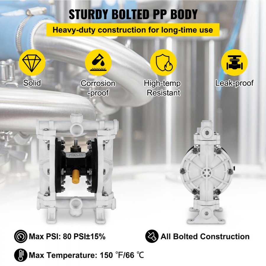 VEVOR Air-Operated Double Diaphragm Pump, Inlet & Outlet, Polypropylene Body, 9.5 L/min(2,5 GPM), PTFE Diaphragm Pneumatic Transfer Pump for Petroleum, Diesel, Oil & Low Viscosity Fluids