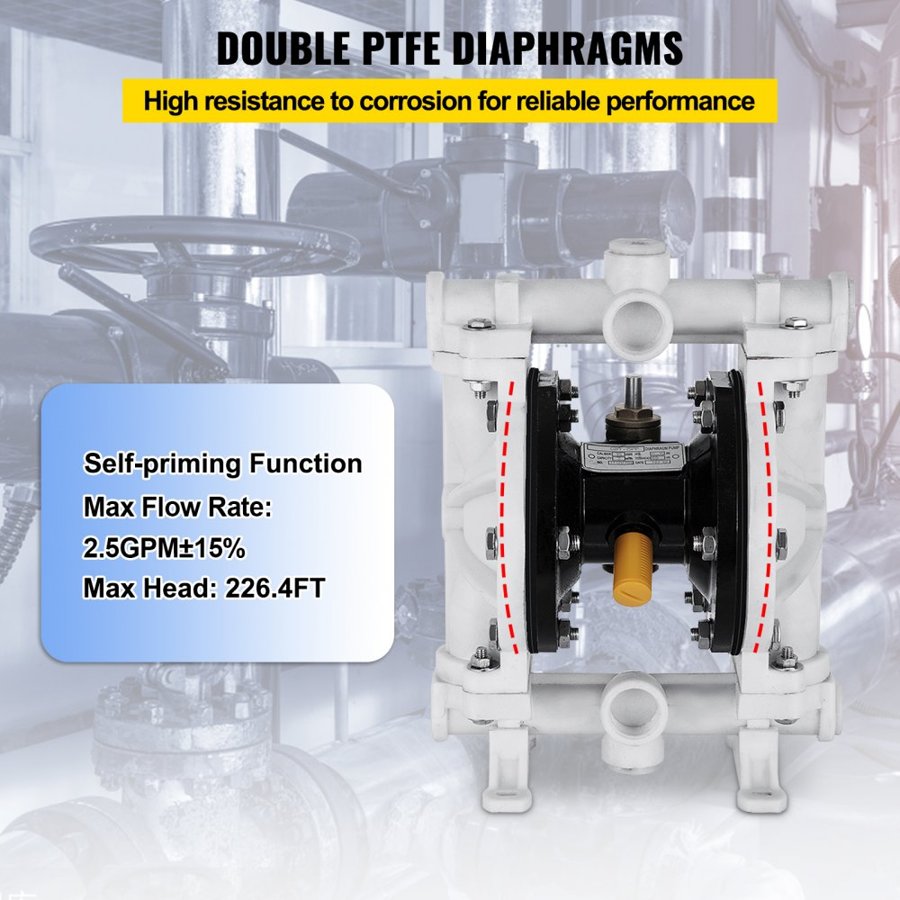 VEVOR Air-Operated Double Diaphragm Pump, Inlet & Outlet, Polypropylene Body, 9.5 L/min(2,5 GPM), PTFE Diaphragm Pneumatic Transfer Pump for Petroleum, Diesel, Oil & Low Viscosity Fluids