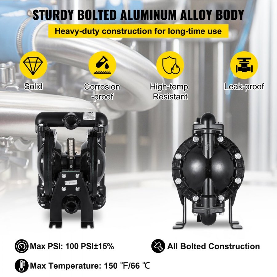 VEVOR Air-Operated Double Diaphragm Pump 25.4mm(1 inch) Inlet Outlet Aluminum 90 L/min(24 GPM) Max 8 bar(120PSI) for Industrial Use