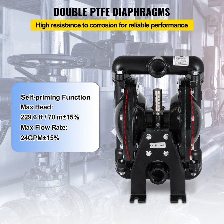 VEVOR Air-Operated Double Diaphragm Pump 25.4mm(1 inch) Inlet Outlet Aluminum 90 L/min(24 GPM) Max 8 bar(120PSI) for Industrial Use