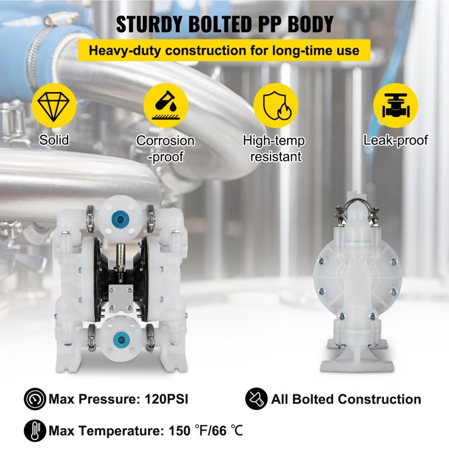 VEVOR Air-Operated Double Diaphragm Pump 25.4mm(1 inch) Inlet/Outlet 113 L/min(30GPM) Polypropylene Max 7 bar(100PSI) for Chemical and Industrial Use