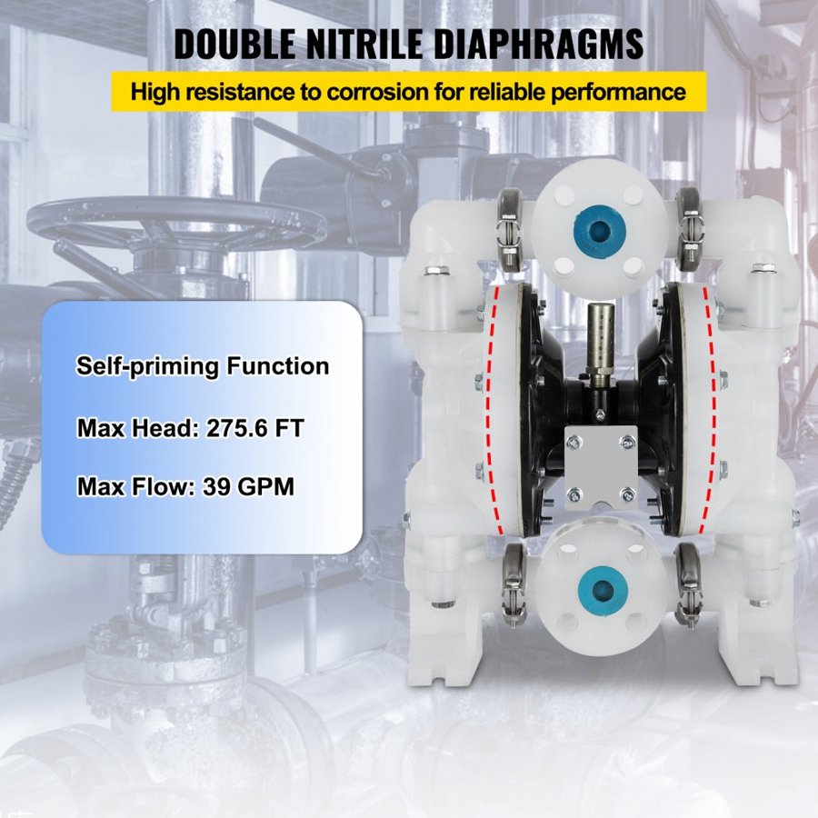 VEVOR Air-Operated Double Diaphragm Pump 25.4mm(1 inch) Inlet/Outlet 113 L/min(30GPM) Polypropylene Max 7 bar(100PSI) for Chemical and Industrial Use