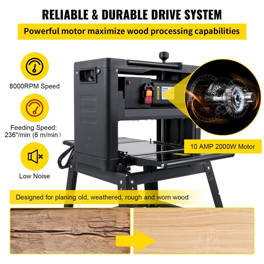 VEVOR Thickness Planer 330 mm(13-Inch) Benchtop Planer 2000W Wood Planer 8000 rpm Woodworking Planer 10 AMP Wood Planer Foldable 6m/min Planing Speed with Iron Stand Dust Exhaust for Woodworking Wooden Plank