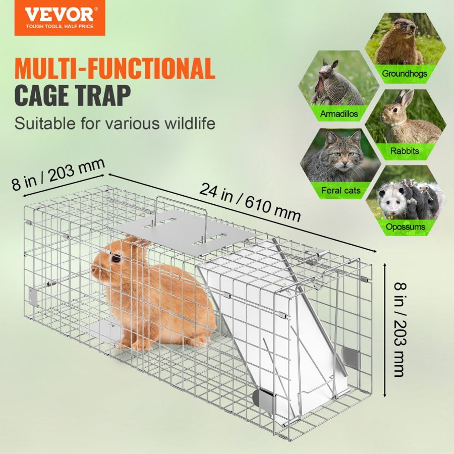 VEVOR Live Animal Cage Trap, 61 x 20.3 x 20.3 cm Humane Cat Trap Galvanized Iron, Folding Animal Trap with Handle for Rabbits, Stray Cats, Squirrels, Raccoons, Groundhogs and Opossums