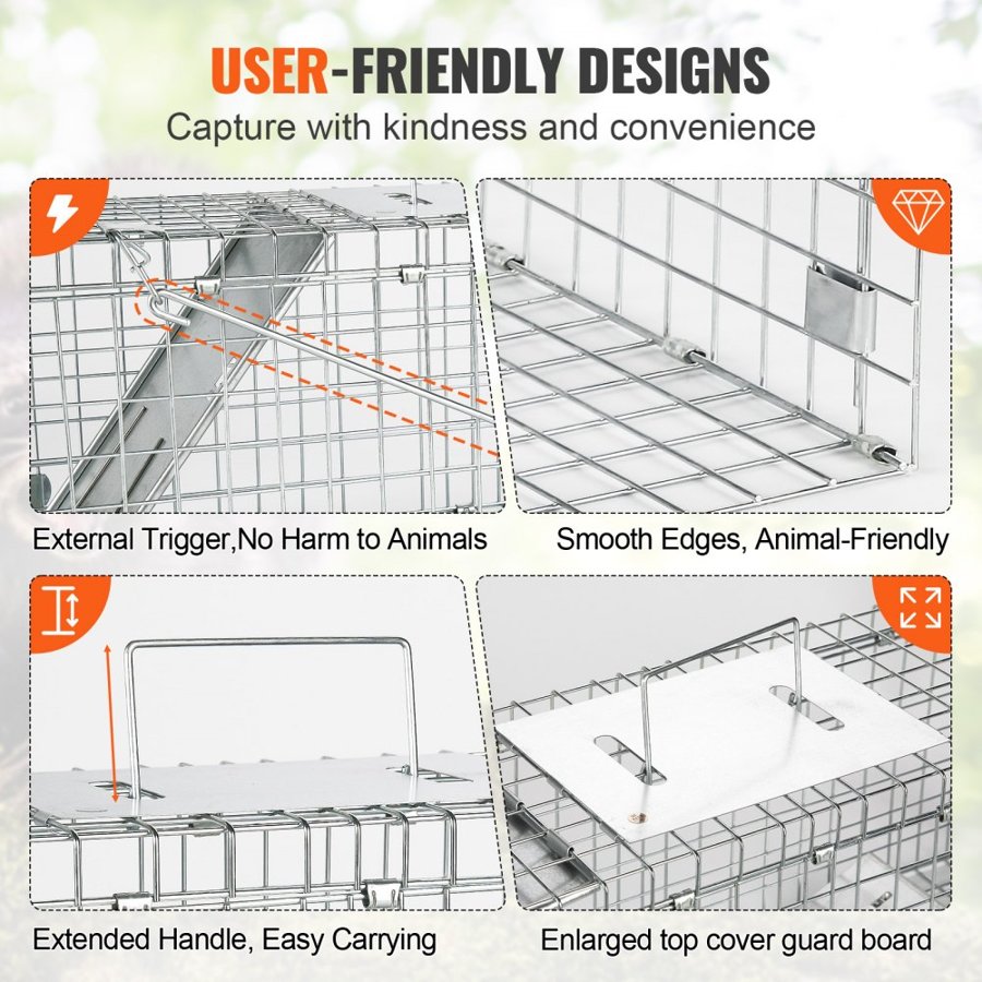 VEVOR Live Animal Cage Trap, 61 x 20.3 x 20.3 cm Humane Cat Trap Galvanized Iron, Folding Animal Trap with Handle for Rabbits, Stray Cats, Squirrels, Raccoons, Groundhogs and Opossums