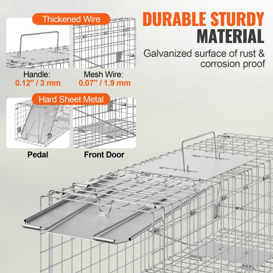 VEVOR Live Animal Cage Trap, 61 x 20.3 x 20.3 cm Humane Cat Trap Galvanized Iron, Folding Animal Trap with Handle for Rabbits, Stray Cats, Squirrels, Raccoons, Groundhogs and Opossums