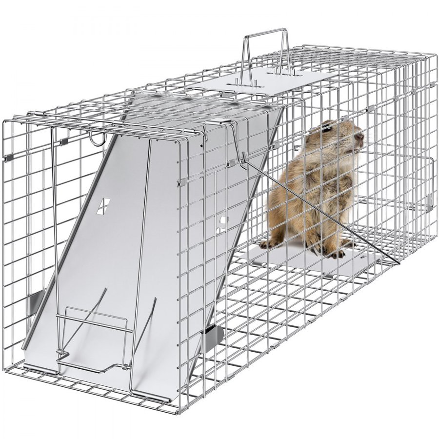 VEVOR Live Animal Cage Trap, 79 x 25 x 30.5 cm Humane Cat Trap Galvanized Iron, Folding Animal Trap with Handle for Rabbits, Stray Cats, Squirrels, Raccoons, Groundhogs and Opossums