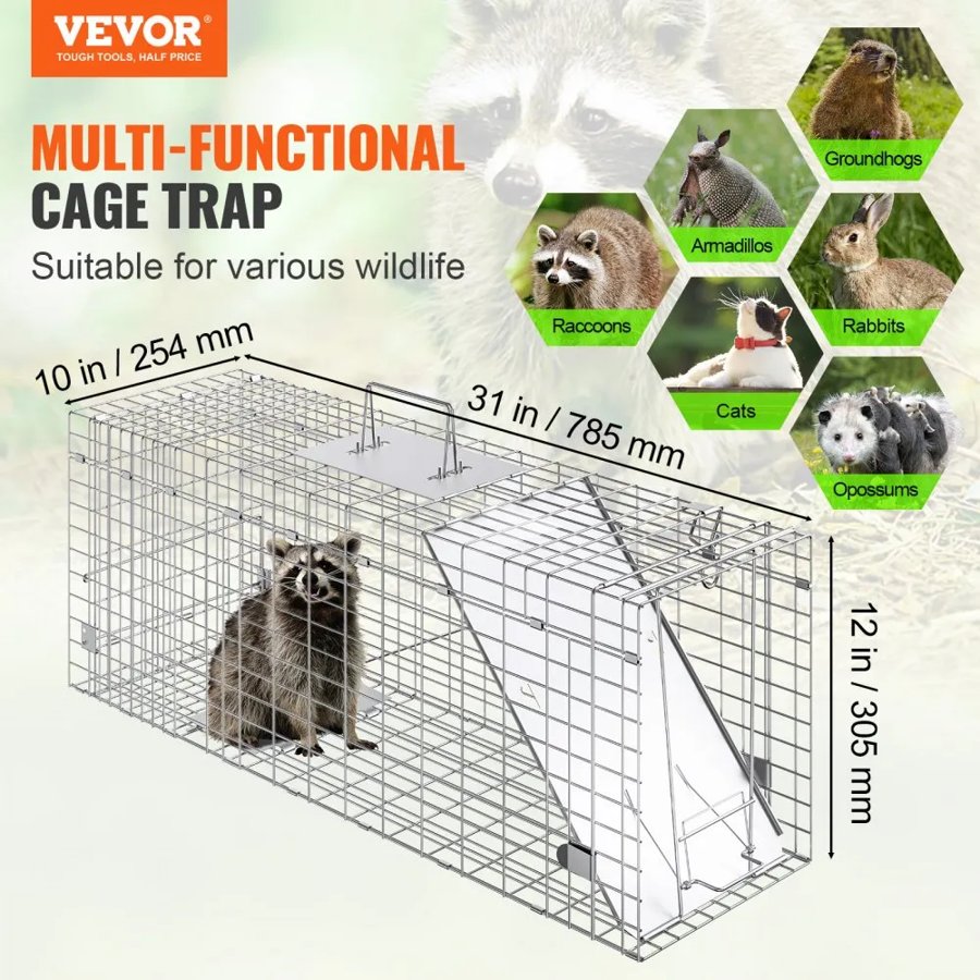 VEVOR Live Animal Cage Trap, 79 x 25 x 30.5 cm Humane Cat Trap Galvanized Iron, Folding Animal Trap with Handle for Rabbits, Stray Cats, Squirrels, Raccoons, Groundhogs and Opossums