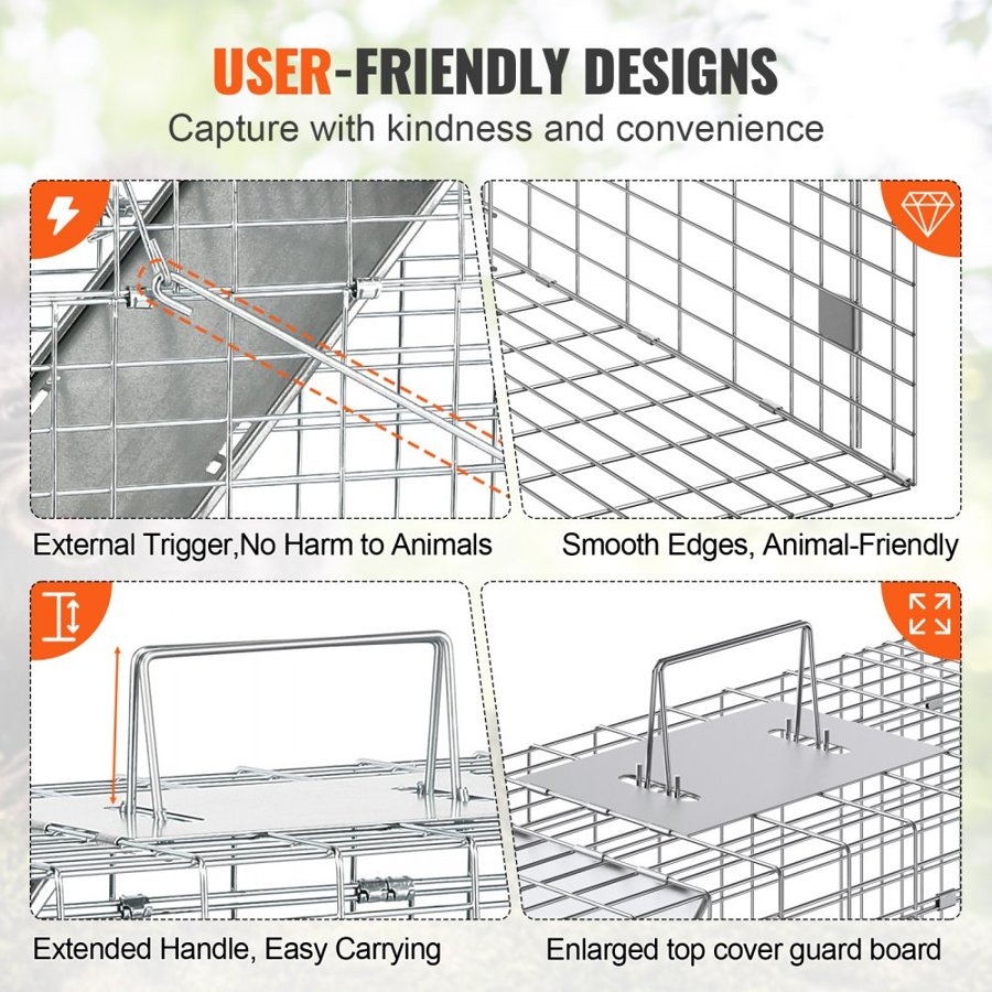 VEVOR Live Animal Cage Trap, 79 x 25 x 30.5 cm Humane Cat Trap Galvanized Iron, Folding Animal Trap with Handle for Rabbits, Stray Cats, Squirrels, Raccoons, Groundhogs and Opossums