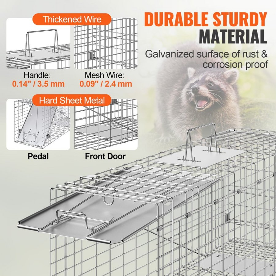 VEVOR Live Animal Cage Trap, 79 x 25 x 30.5 cm Humane Cat Trap Galvanized Iron, Folding Animal Trap with Handle for Rabbits, Stray Cats, Squirrels, Raccoons, Groundhogs and Opossums
