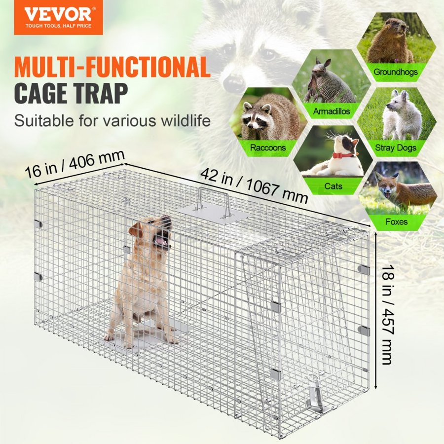 VEVOR Live Animal Cage Trap 106.7 x 40.6 x 45.7 cm Humane Cat Trap Cats Squirrels Mouse