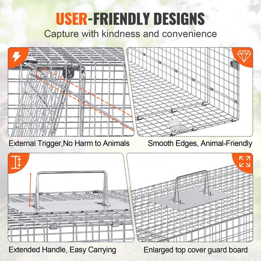 VEVOR Live Animal Cage Trap 106.7 x 40.6 x 45.7 cm Humane Cat Trap Cats Squirrels Mouse