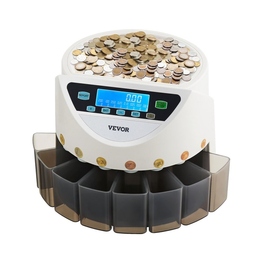 VEVOR EURO Coin Sorter, Coin Counter Machine for 8 Kinds of Euro Coins, Coin Sorter and Wrapper Machine Holds up to 850 Coins, Large LCD Display Coin Storage Included 5 Coin Tubes and Boxes