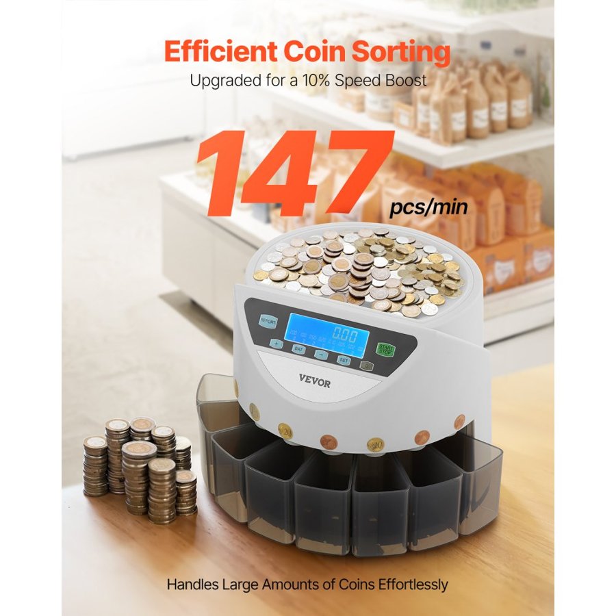 VEVOR EURO Coin Sorter, Coin Counter Machine for 8 Kinds of Euro Coins, Coin Sorter and Wrapper Machine Holds up to 850 Coins, Large LCD Display Coin Storage Included 5 Coin Tubes and Boxes