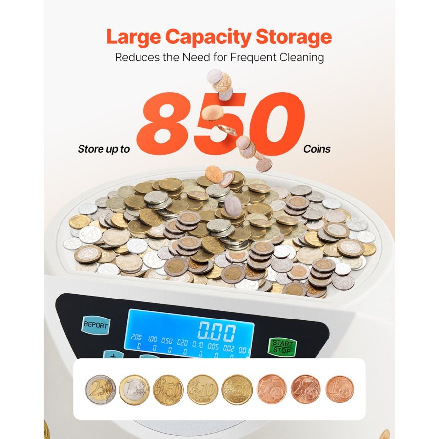 VEVOR EURO Coin Sorter, Coin Counter Machine for 8 Kinds of Euro Coins, Coin Sorter and Wrapper Machine Holds up to 850 Coins, Large LCD Display Coin Storage Included 5 Coin Tubes and Boxes