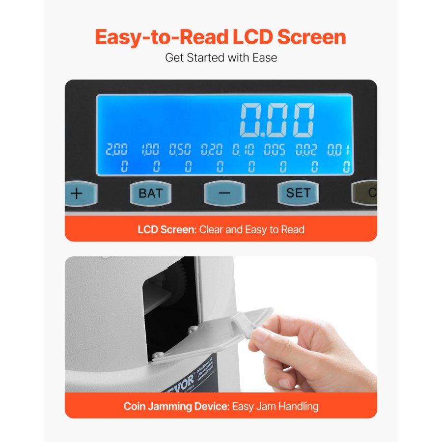 VEVOR EURO Coin Sorter, Coin Counter Machine for 8 Kinds of Euro Coins, Coin Sorter and Wrapper Machine Holds up to 850 Coins, Large LCD Display Coin Storage Included 5 Coin Tubes and Boxes