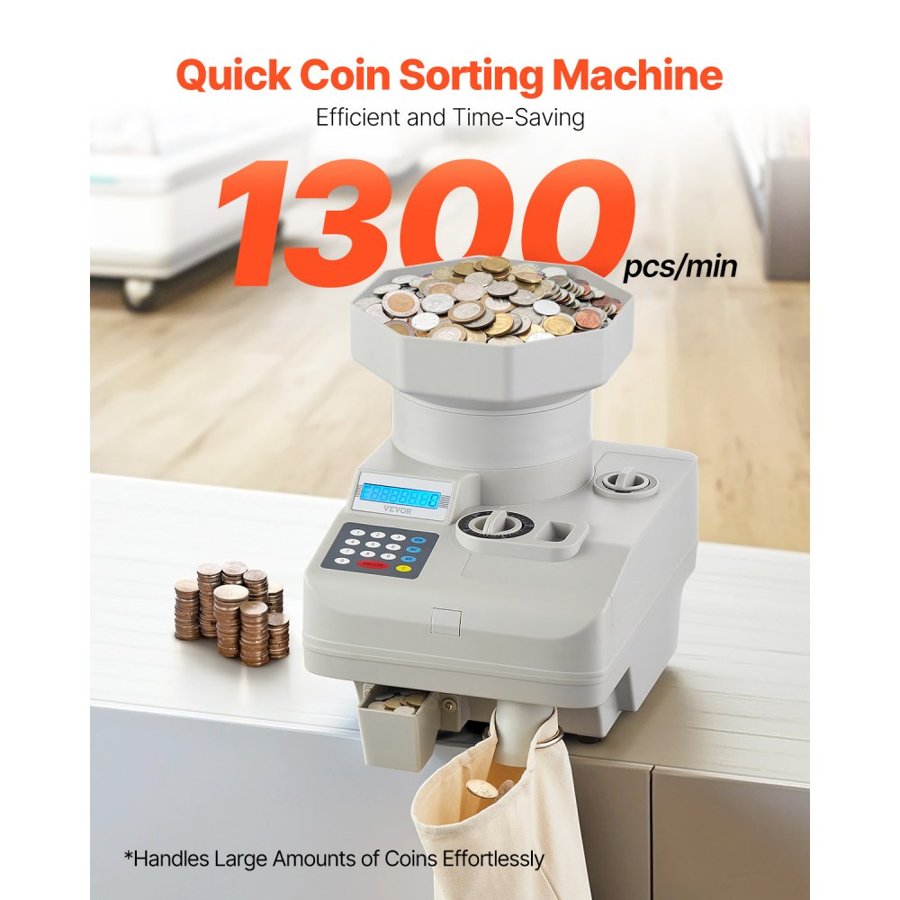 VEVOR Coin Counter, Professional Coin Sorter with LED Display Holds up to 11000 Coins, Automatic Coin Sorter and Wrapper Machine for All Coins, Suitable for International Coins and Tokens