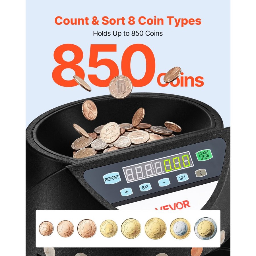 VEVOR Coin Counting Machine – 8 Types, 147 Coins/Min