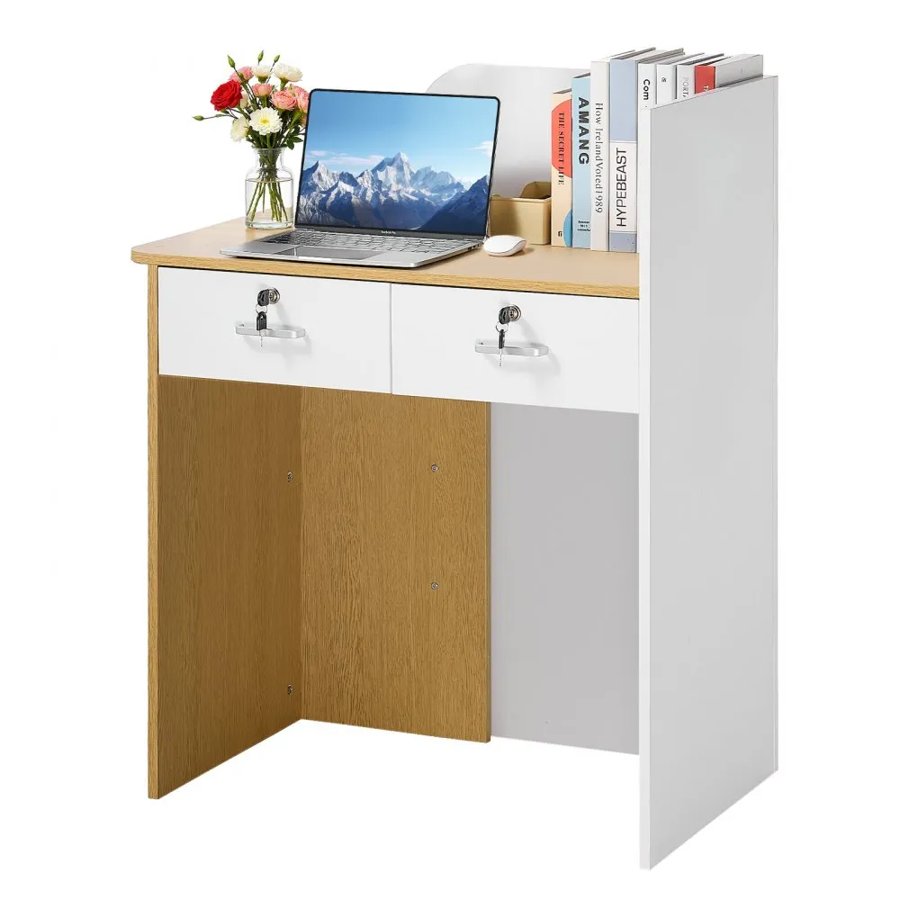 VEVOR Reception Desk, 80 cm Rectangular Front Counter Table, Modern Office Reception Desk with LED Light, 2 Drawers & Power Outlets, Retail Counter Table for Checkout, Lobby, Beauty Salon, Office