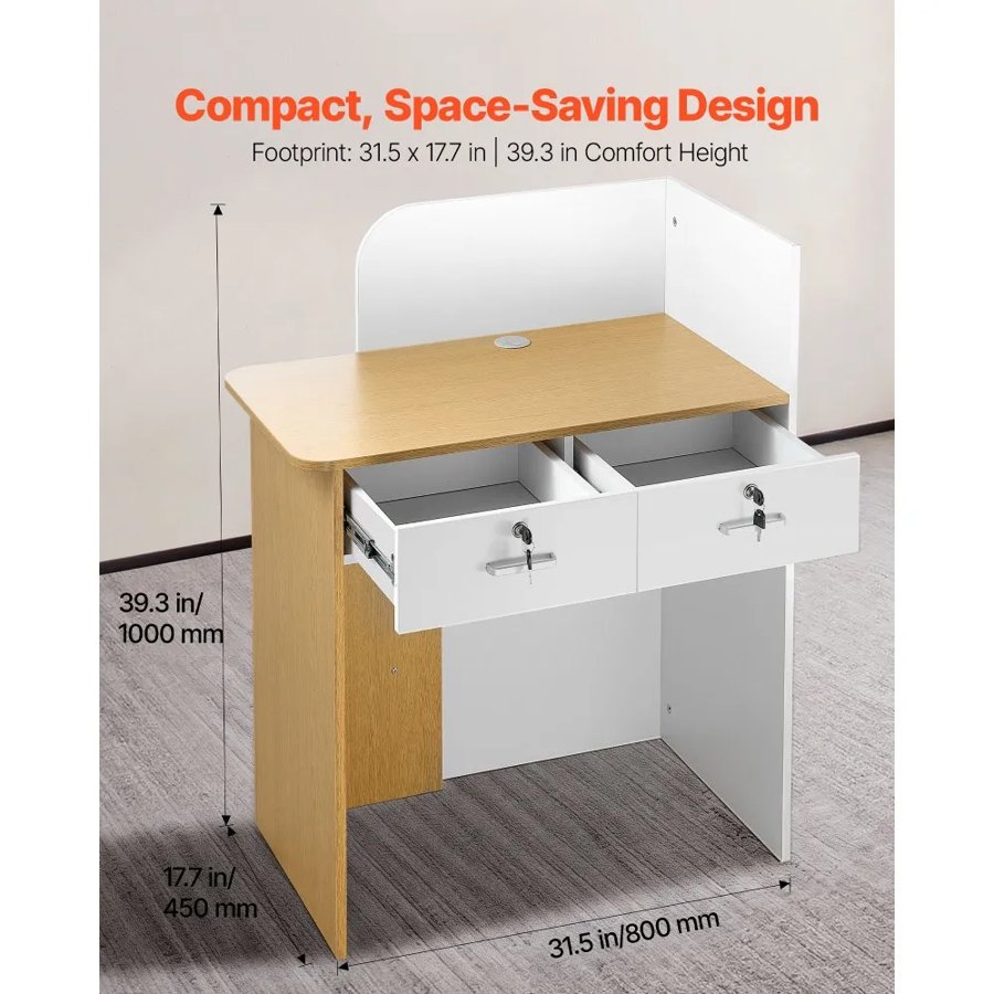 VEVOR Reception Desk, 80 cm Rectangular Front Counter Table, Modern Office Reception Desk with LED Light, 2 Drawers & Power Outlets, Retail Counter Table for Checkout, Lobby, Beauty Salon, Office