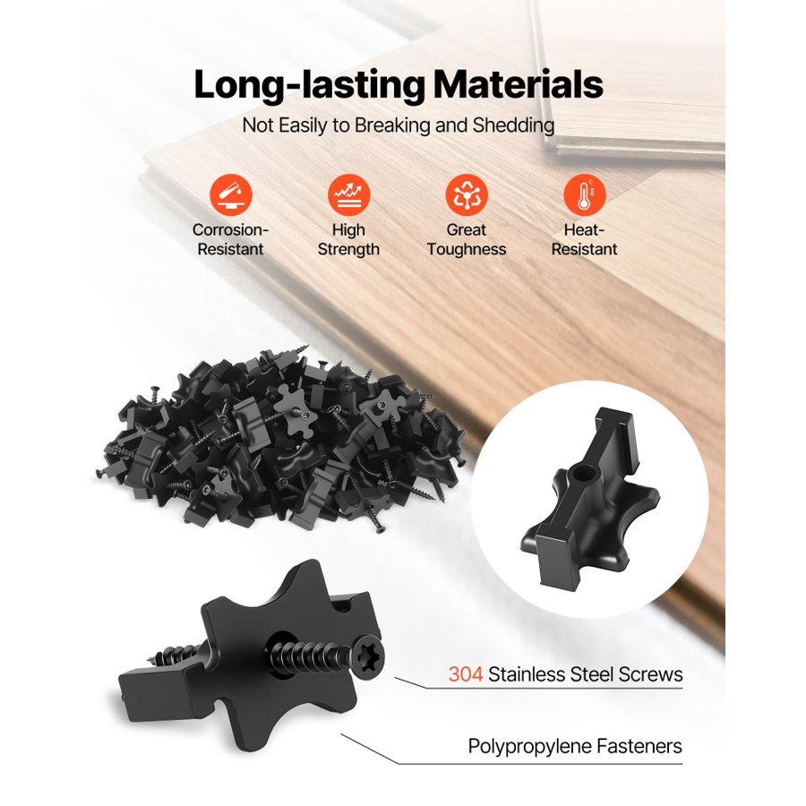 VEVOR 1000PCS Hidden Deck Fasteners for Composite Decking Board, Universal Composite T Clips & Plastic Hidden Fasteners with Metal Screws,Polypropylene PP Clips Works with 6.5 mm Gaps, Black