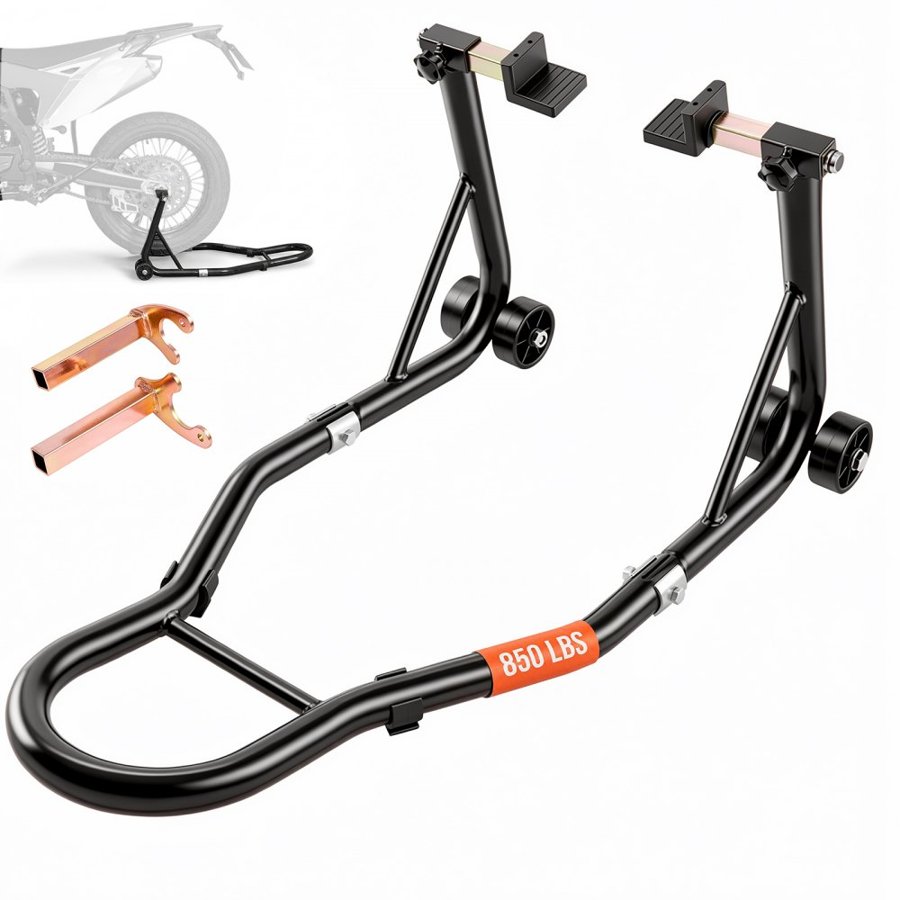 VEVOR Motorcycle Rear Wheel Stand, with U + L Fork Swingarm Spool, 390 kg Capacity Heavy Duty Rear Wheel Stand Motorcycle Lift Jack Stand, for Suzuki Yamaha Honda Kawasaki, Black