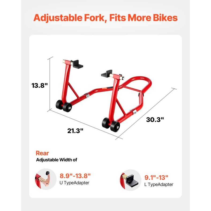 VEVOR Motorcycle Rear Wheel Stand, 850 LBS Load Capacity Heavy Duty Rear Wheel Stand with U + L Fork Swingarm Spool, Adjustabe Motorcycle Lift Jack Stand, for Suzuki Yamaha Honda Kawasaki, Red