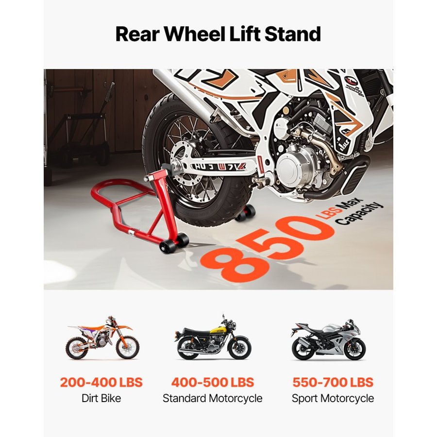VEVOR Motorcycle Rear Wheel Stand, 850 LBS Load Capacity Heavy Duty Rear Wheel Stand with U + L Fork Swingarm Spool, Adjustabe Motorcycle Lift Jack Stand, for Suzuki Yamaha Honda Kawasaki, Red