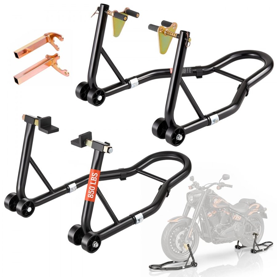 VEVOR Motorcycle Stand Front Rear – 850lbs, 3in PP Casters