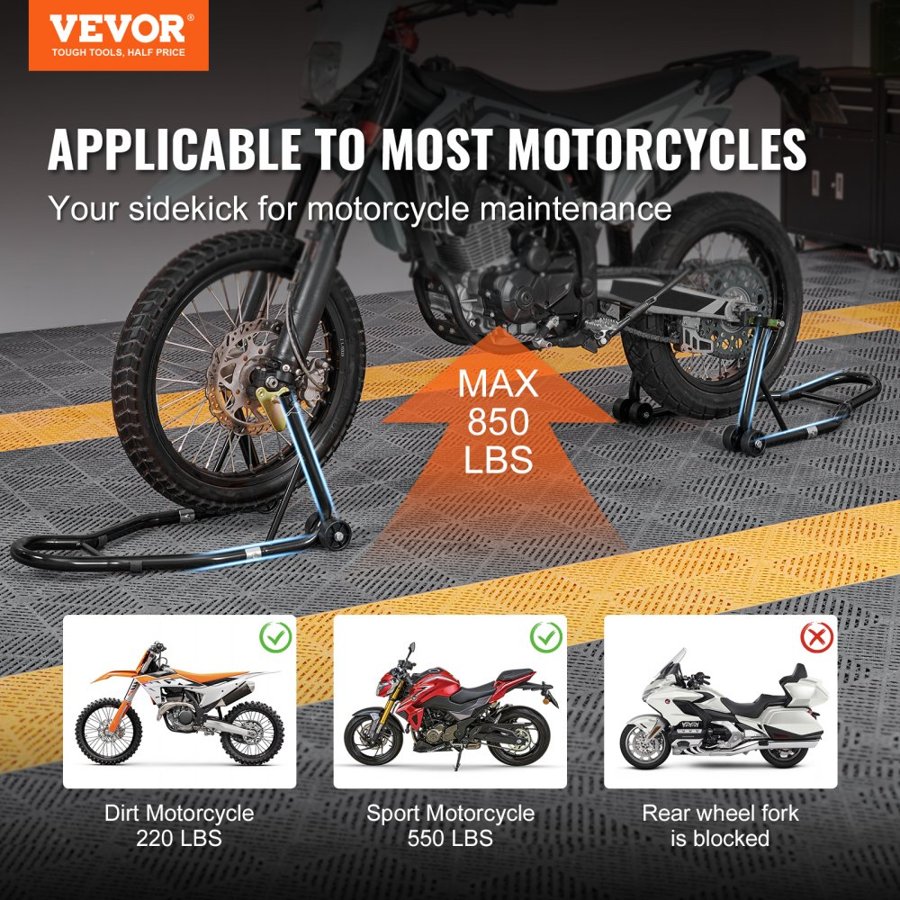 VEVOR Motorcycle Stand Front Rear – 850lbs, 3in PP Casters