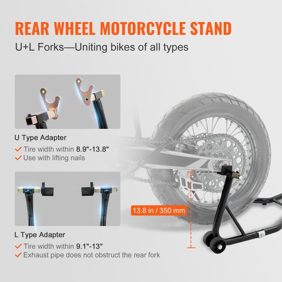 VEVOR Motorcycle Stand Front Rear – 850lbs, 3in PP Casters