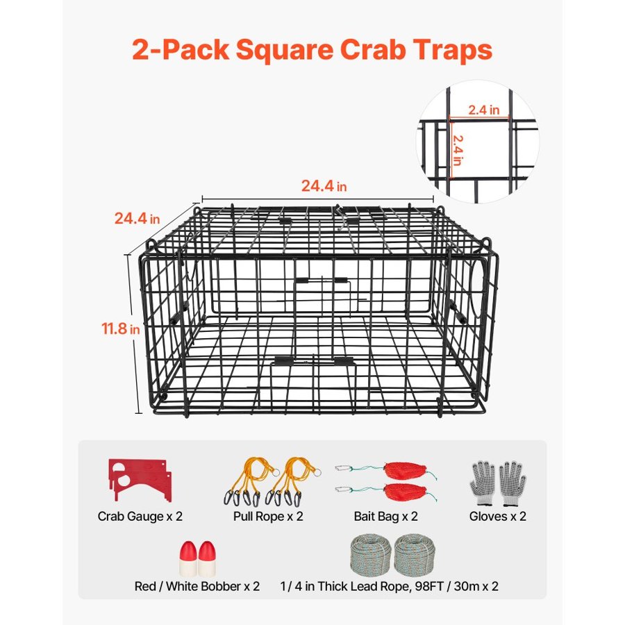 VEVOR Crab Pot Trap – 2 Pack, 62×62×30 cm, Black PVC Mesh