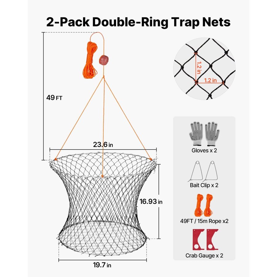 VEVOR Double Ring Crab Trap, 60 cm Top, 50 cm Bottom, Two Rings Crab Kit, Foldable Fishing Net with Gauge, 60 ft Rope, Wire Grid Bottom, Rock and Blue Crab, Dock & Pier Crabbing, 2 Set