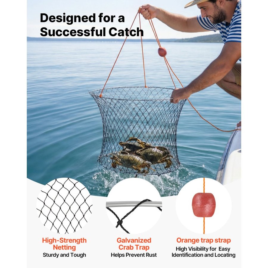 VEVOR Double Ring Crab Trap, 60 cm Top, 50 cm Bottom, Two Rings Crab Kit, Foldable Fishing Net with Gauge, 60 ft Rope, Wire Grid Bottom, Rock and Blue Crab, Dock & Pier Crabbing, 2 Set