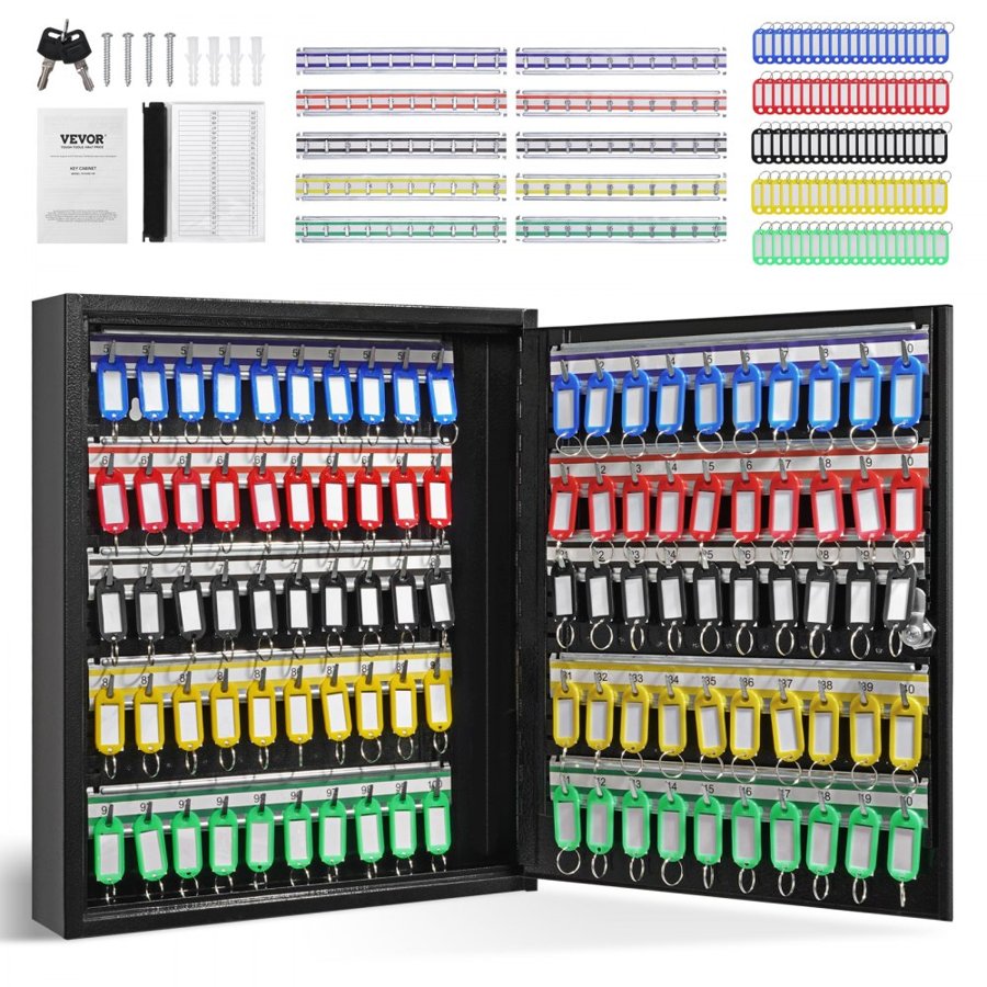 VEVOR 100-Key Cabinet, Key Lock Box with Adjustable Racks, Security Key Storage Box Steel, Key Organizer with 100 Colorful Key Tags and 2 Record Cards for School, Office, Hotel