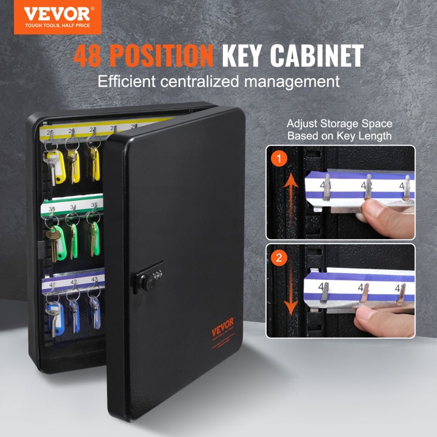 VEVOR 48-Key Cabinet, Key Safe with Combination & Key Lock, Digital Security Storage Box Steel Key Organizer with Adjustable Racks, 48 pcs Colorful Key Tags and A Record Card for School, Office, Hotel