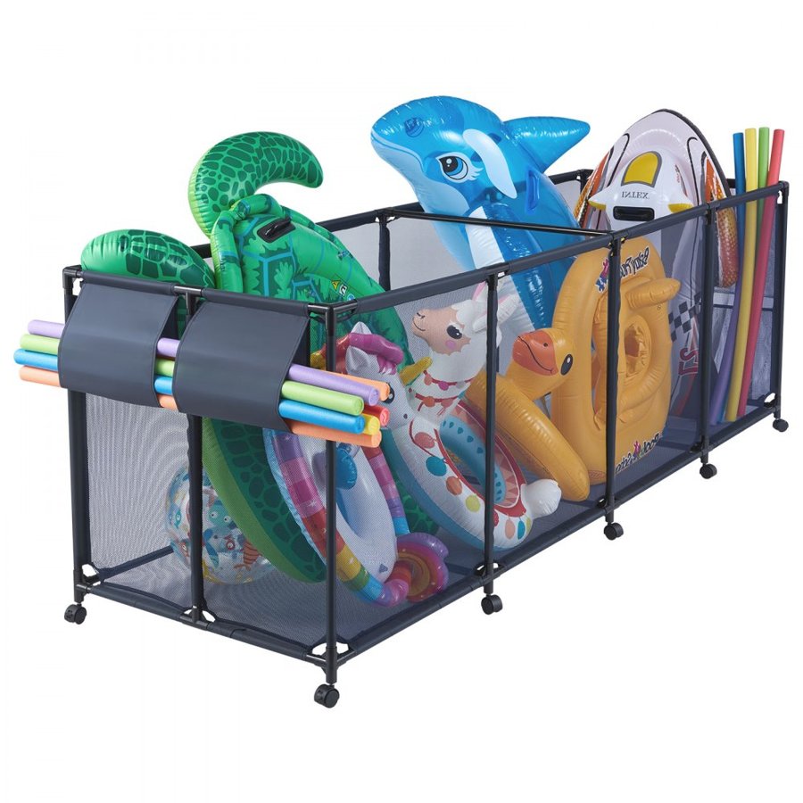 VEVOR Pool Storage Bin, 262 x 81.5 x 89 cm, Rolling Pool Float Storage Organizer with Side Pockets & Noodles Holder, Durable Metal Frame, Poolside Toys Breathable Mesh Basket for Swimming Pools