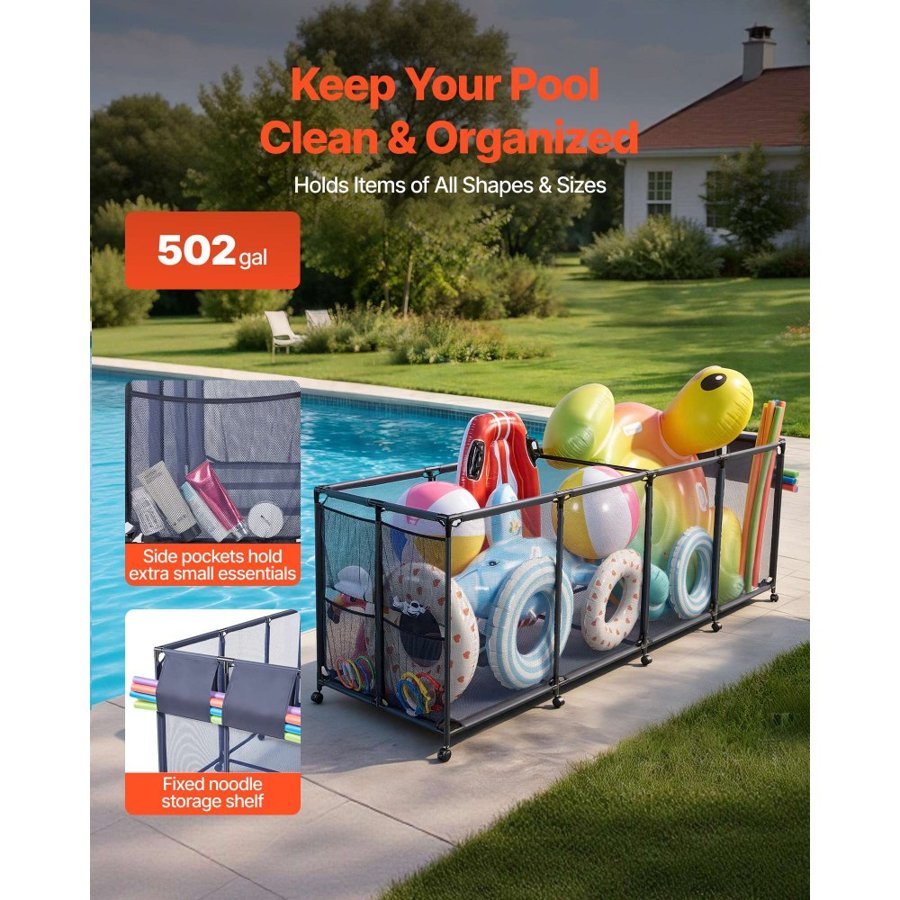 VEVOR Pool Storage Bin, 262 x 81.5 x 89 cm, Rolling Pool Float Storage Organizer with Side Pockets & Noodles Holder, Durable Metal Frame, Poolside Toys Breathable Mesh Basket for Swimming Pools