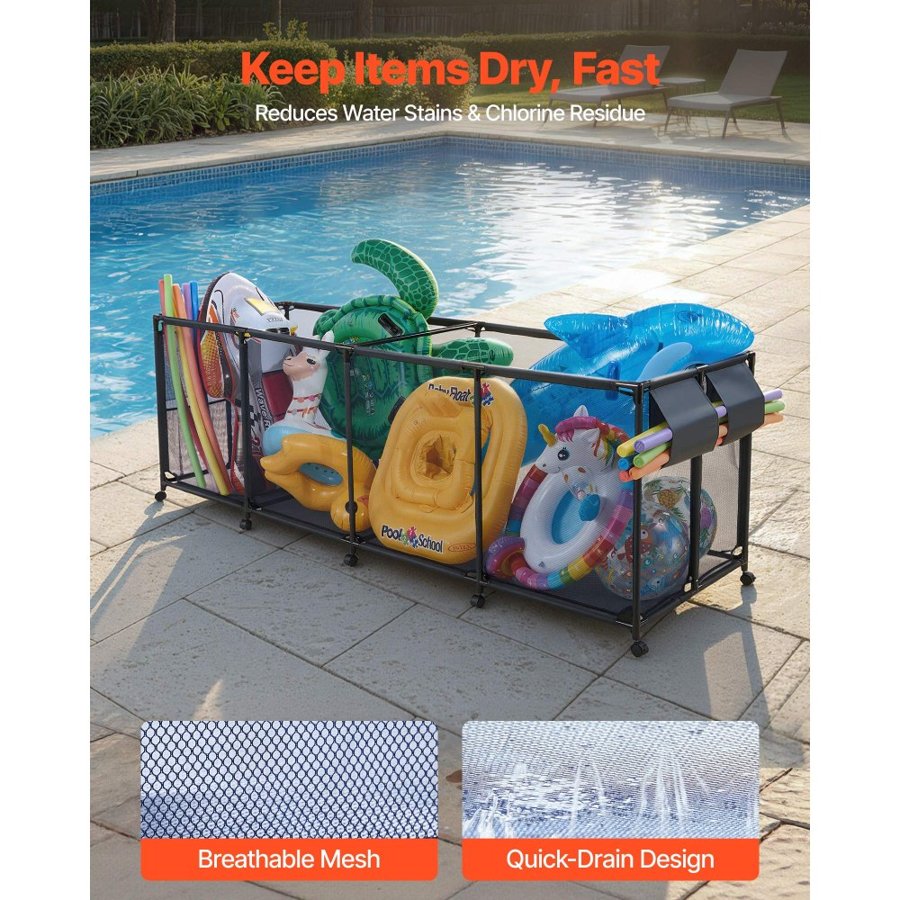 VEVOR Pool Storage Bin, 262 x 81.5 x 89 cm, Rolling Pool Float Storage Organizer with Side Pockets & Noodles Holder, Durable Metal Frame, Poolside Toys Breathable Mesh Basket for Swimming Pools
