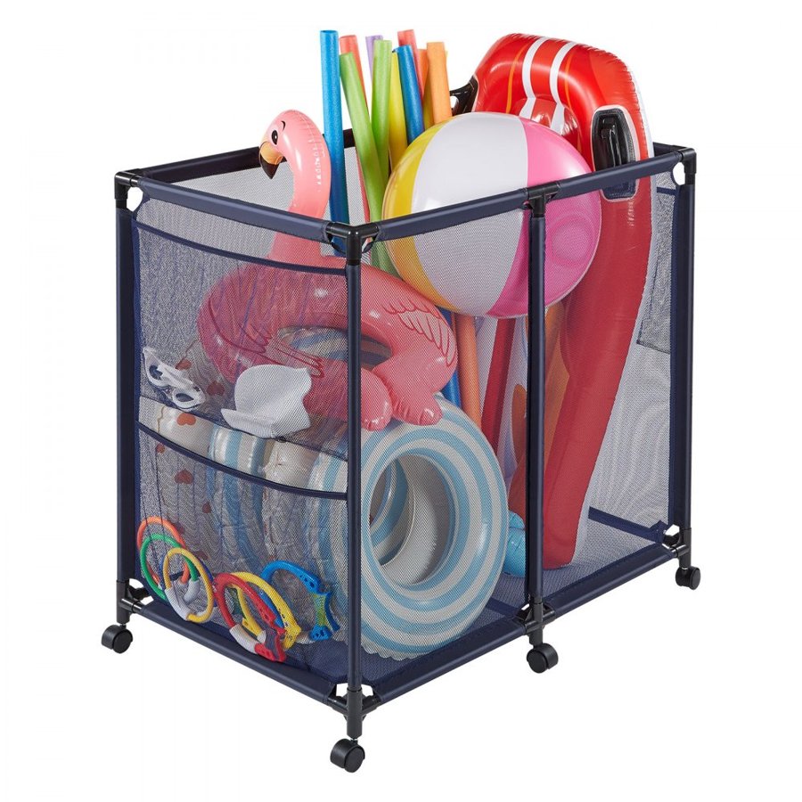 VEVOR Pool Storage Bin, 93.5 x 61 x 90.4 cm, Rolling Pool Float Storage Organizer with Side Pockets & Casters, Heavy Duty Metal Frame, Poolside Toys Noodles Holder Mesh Basket for Swimming Pools