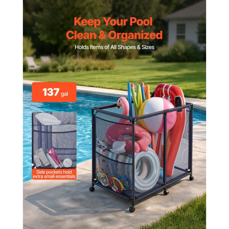 VEVOR Pool Storage Bin, 93.5 x 61 x 90.4 cm, Rolling Pool Float Storage Organizer with Side Pockets & Casters, Heavy Duty Metal Frame, Poolside Toys Noodles Holder Mesh Basket for Swimming Pools