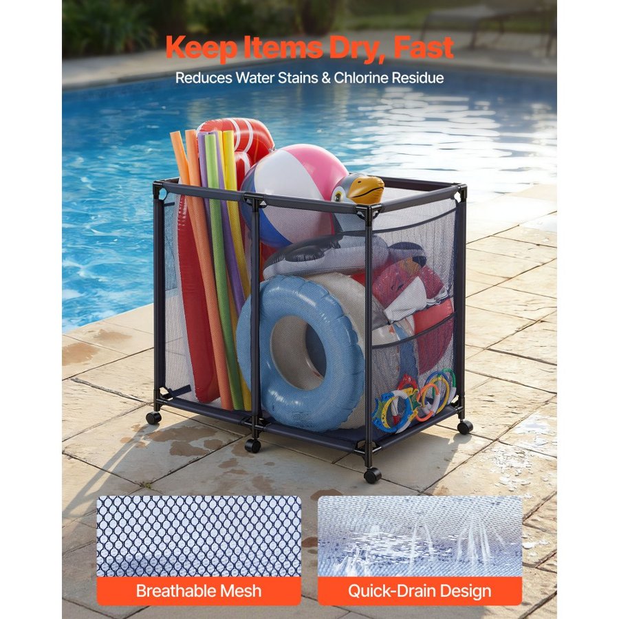 VEVOR Pool Storage Bin, 93.5 x 61 x 90.4 cm, Rolling Pool Float Storage Organizer with Side Pockets & Casters, Heavy Duty Metal Frame, Poolside Toys Noodles Holder Mesh Basket for Swimming Pools